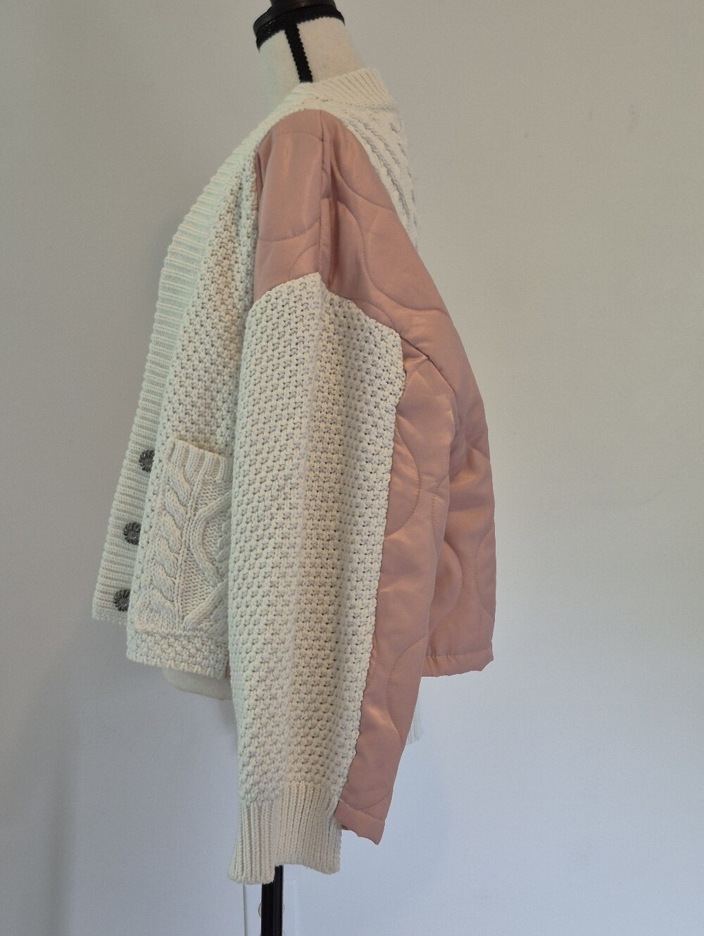POL Women’s Cream & Pink Cable Knit Button Cardigan Sweater Jacket MEDIUM